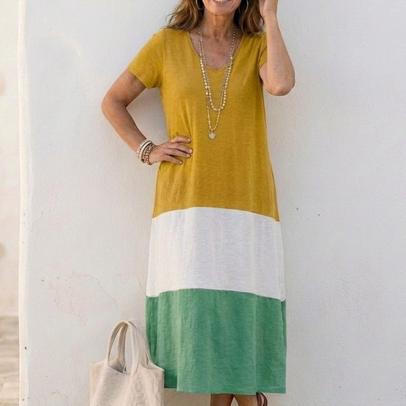 Valentine | Vestido Midi Bicolor com Decote em V e Mangas Curtas