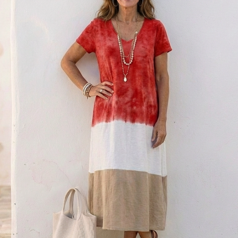Valentine | Vestido Midi Bicolor com Decote em V e Mangas Curtas