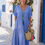 Yvonne | Robe Maxi Azul com Mangas Curtas e Volantes
