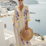 Iris | Vestido maxi às riscas florais com decote em V e mangas semi-longas