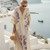 Iris | Vestido maxi às riscas florais com decote em V e mangas semi-longas