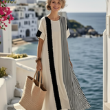 Lou | Vestido maxi riscado com decote redondo e mangas curtas