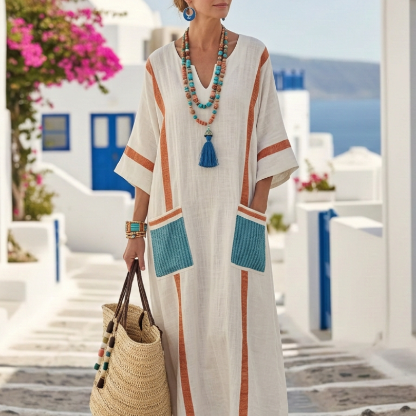 Madeleine | Vestido maxi com mangas de comprimento médio e decote em V