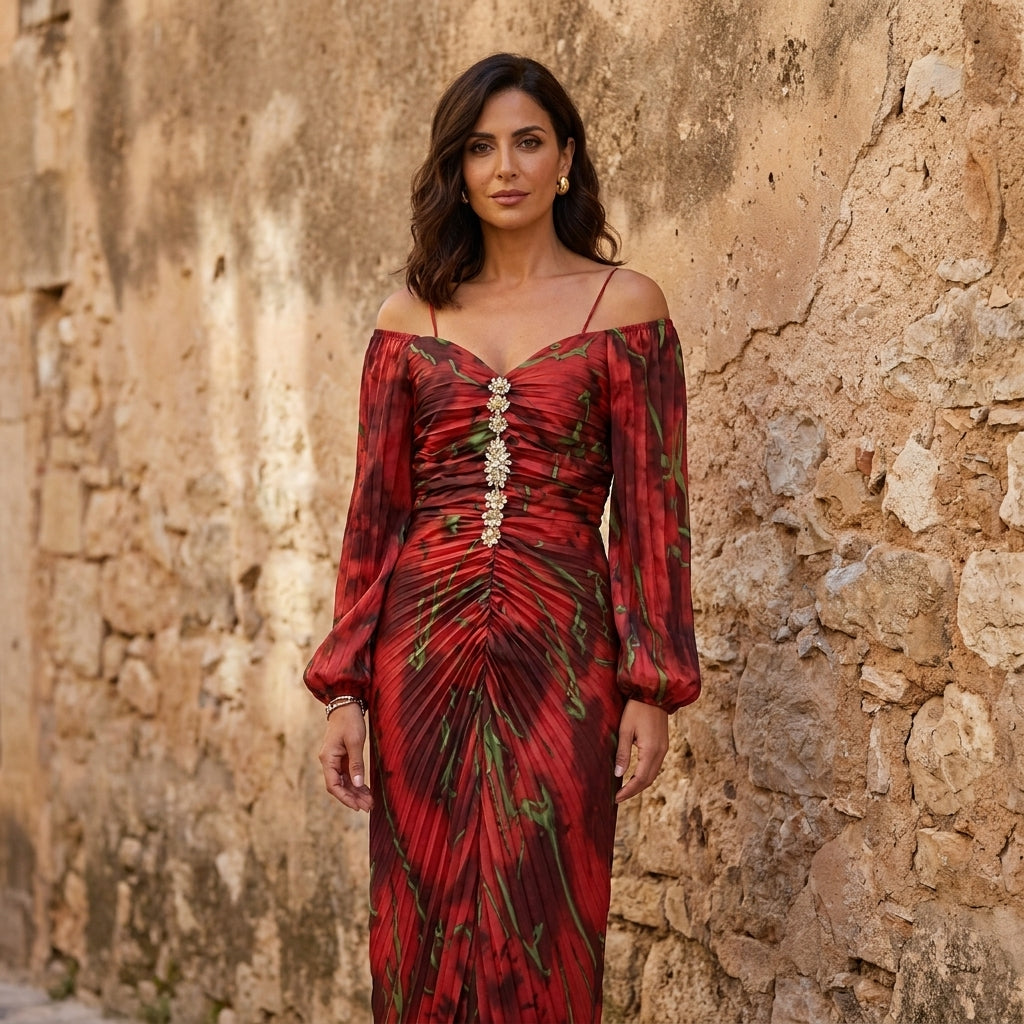 Gregoria™ | Vestido Longo Floral com Decote V Profundo