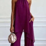 Conjunto completo de duas peças roxo: top elegante sem mangas com decote halter e calças