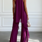 Conjunto completo de duas peças roxo: top elegante sem mangas com decote halter e calças