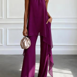 Conjunto completo de duas peças roxo: top elegante sem mangas com decote halter e calças