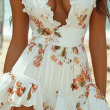 Salomé | Vestido curto sexy com flores, babados, decote em V e corte assimétrico (frente curta, costas longas)