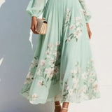 Elga - Vestido maxi plissado em chiffon com padrão floral