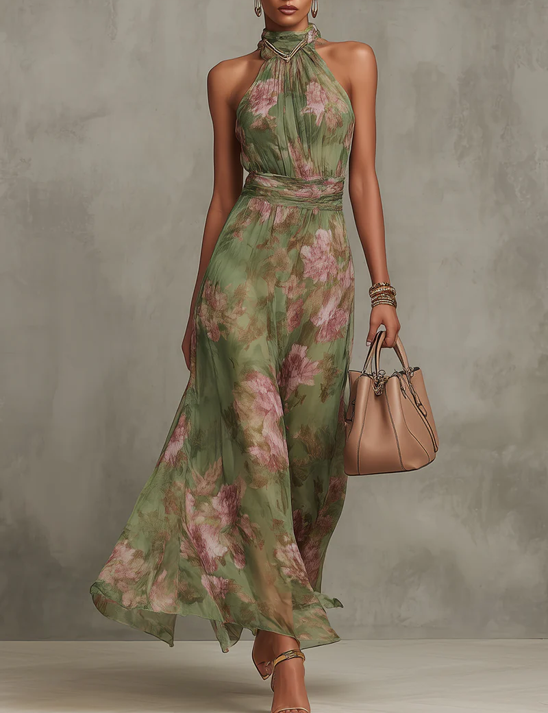 Lidia | Elegante Vestido Maxi Halter con Estampado Floral