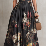 Vestido midi em cetim preto com pregas, estampa floral e decote em gota