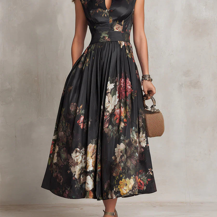 Elsa - Vestido midi plissado com padrão floral
