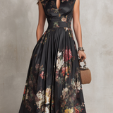 Vestido midi em cetim preto com pregas, estampa floral e decote em gota