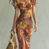 Vestido longo em chiffon laranja com estampado pictórico a óleo em estilo boémio para as férias