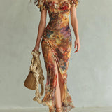 Vestido longo em chiffon laranja com estampado pictórico a óleo em estilo boémio para as férias