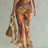 Vestido longo em chiffon laranja com estampado pictórico a óleo em estilo boémio para as férias