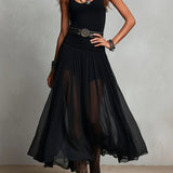 Camisola preta sem mangas com saia de tule, vestido longo maxi (com cinto)