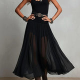 Camisola preta sem mangas com saia de tule, vestido longo maxi (com cinto)