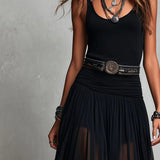Camisola preta sem mangas com saia de tule, vestido longo maxi (com cinto)