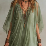 Vestido mini verde em chiffon com decote em V, em camadas, fluido