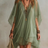 Vestido mini verde em chiffon com decote em V, em camadas, fluido