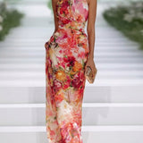 Vestido longo vermelho em chiffon floral com decote halterneck sem mangas
