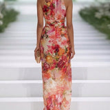 Vestido longo vermelho em chiffon floral com decote halterneck sem mangas