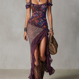 Vestido longo urbano-nômade em violeta com estampa floral de leopardo e fenda alta