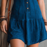 Vestido mini boémio índigo sem mangas com decote em V e fecho de botões frontais