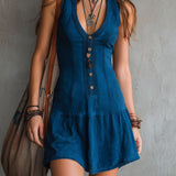 Vestido mini boémio índigo sem mangas com decote em V e fecho de botões frontais