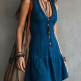 Vestido mini boémio índigo sem mangas com decote em V e fecho de botões frontais