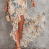 Vestido maxi em chiffon bege com gola alta, estampa floral em estilo pintura a óleo, corte irregular
