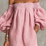 Gisela Vestido Mini Rosa em Linha A com Mangas Bufantes e Ombros Expostos