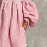 Gisela Vestido Mini Rosa em Linha A com Mangas Bufantes e Ombros Expostos