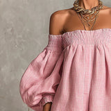 Gisela Vestido Mini Rosa em Linha A com Mangas Bufantes e Ombros Expostos