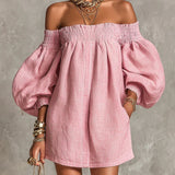 Gisela Vestido Mini Rosa em Linha A com Mangas Bufantes e Ombros Expostos