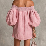 Gisela Vestido Mini Rosa em Linha A com Mangas Bufantes e Ombros Expostos