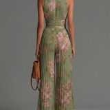 Macacão em chiffon verde com estampa floral, decote em V, sem mangas, com fecho, plissado, estilo palazzo