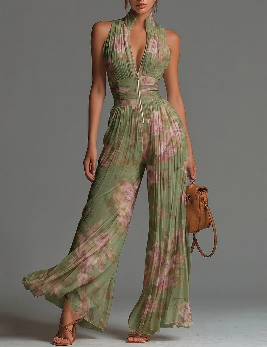 Macacão em chiffon verde com estampa floral, decote em V, sem mangas, com fecho, plissado, estilo palazzo