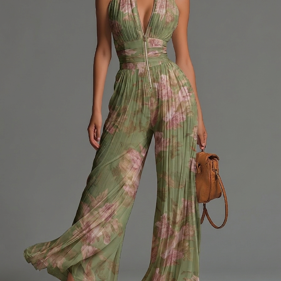 Macacão em chiffon verde com estampa floral, decote em V, sem mangas, com fecho, plissado, estilo palazzo