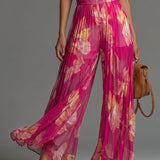 Macacão fúcsia com flores em chiffon, sem mangas, com fecho e pernas largas