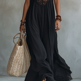 Vestido longo boémio preto sem mangas com bordos em renda