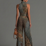 Macacão em chiffon de perna larga sem mangas, estampado com padrão étnico boémio, com fecho e pregas