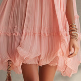 Vestido Mini de Chiffon Rosa Listrado com Decote Halter