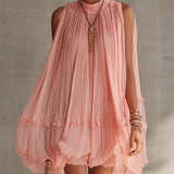Vestido Mini de Chiffon Rosa Listrado com Decote Halter