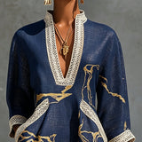 Cosette | Vestido Curto em Renda de Crochê Azul Marinho com Detalhes Dourados e Decote em V