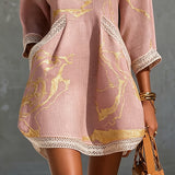 Ninon | Vestido Mini de Renda Crochê Rosa com Padrões Dourados e Decote em V