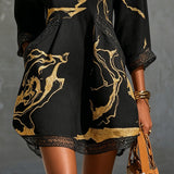 Donatella | Mini vestido preto com estampa de mármore dourado e renda de crochê