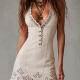 Gabrielle | Vestido Curto em Renda Marfim com Decote em V