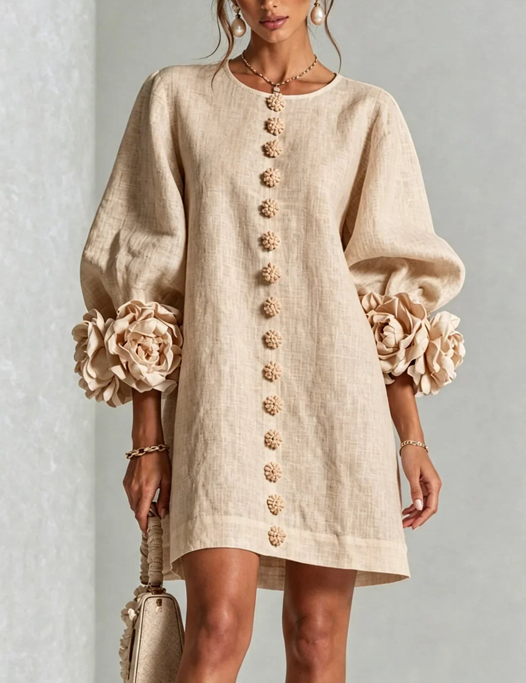 Vestido Mini Branco Elvira com Botões Florais e Mangas Decorativas